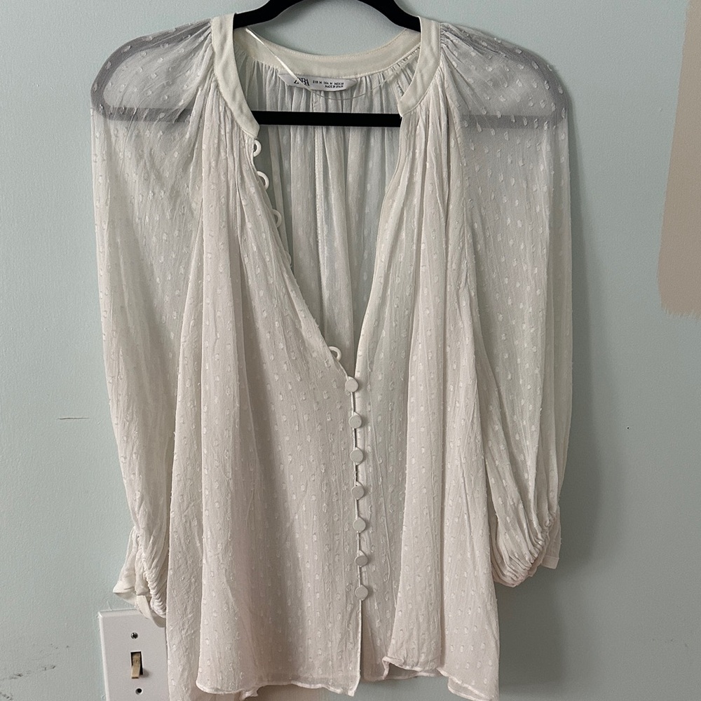 Zara Oversized Flowy Shear White Button-Down Blouse